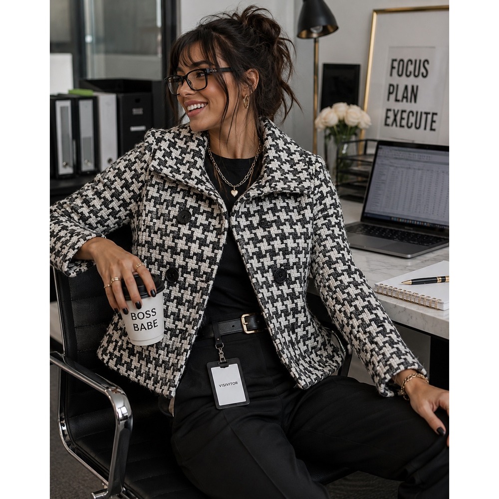 NWT Oleg Cassini Black Ivory Tweed Wool Blend Peplum Jacket Coat Large